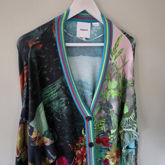 Desigual XL Eclectic Boho Art to Wear Tropical Floral Colorful Metallic Cardigan - Picture 6 of 16
